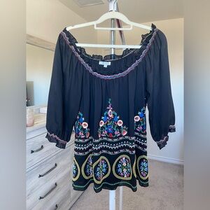 Joy Joy Black Blouse with Colorful Embroidery